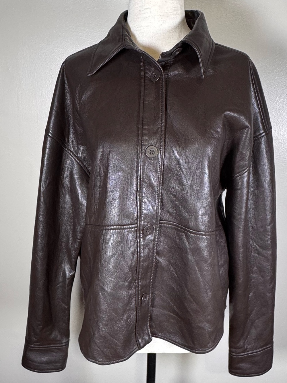 Aritzia Babaton Brown Vegan Faux Leather Button Front Poly Shirt Jacket Size S